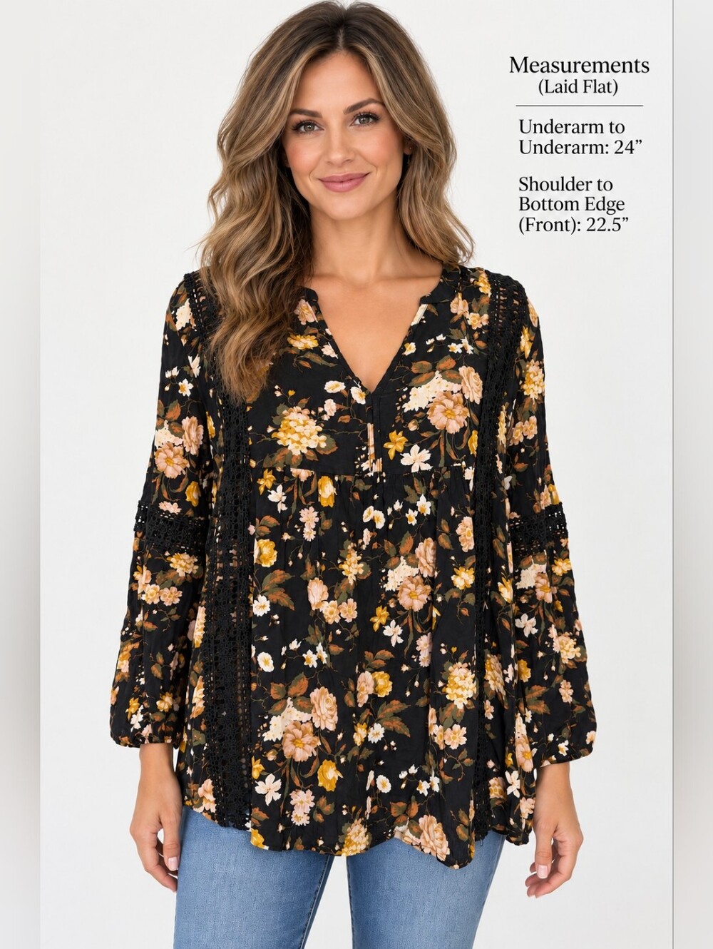 American Eagle Womens Small Floral Boho Top Lace Trim Blouse Black Yellow S